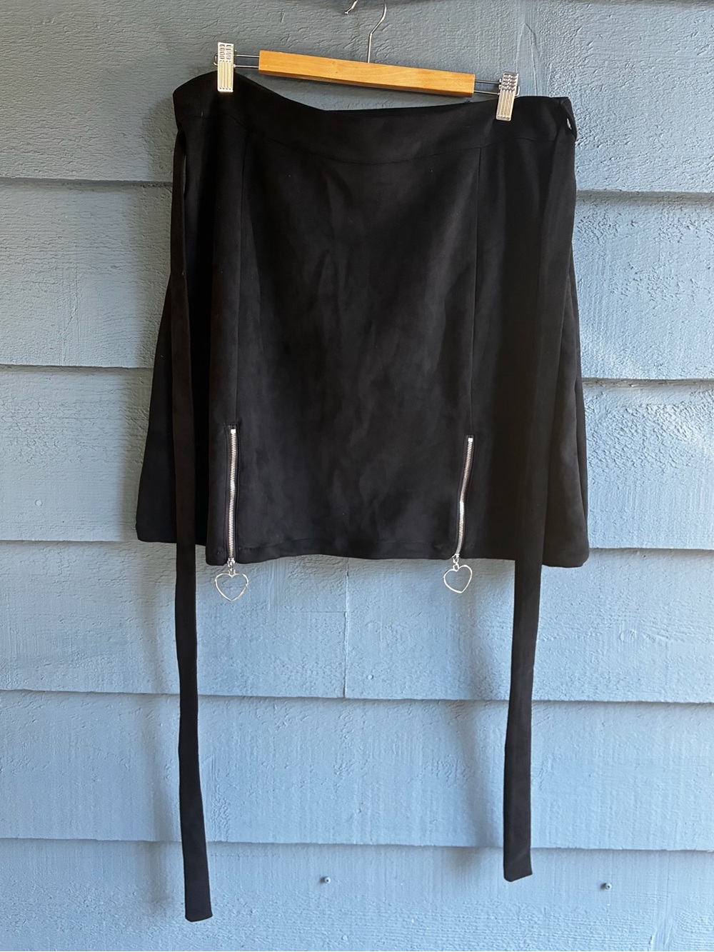 Soft Black Suede Mini Skirt with Built-In Belt and Heart Zippers
